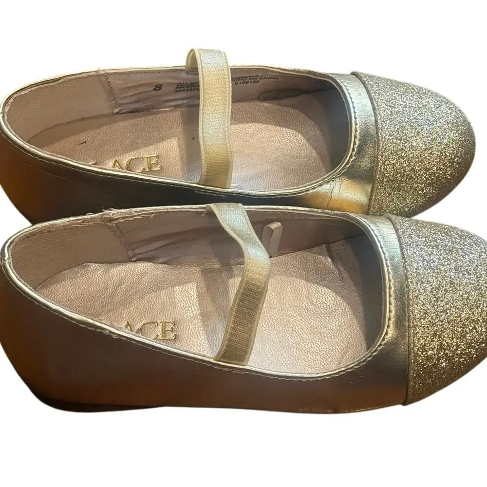 The Children’s Place Gold Glitter Mary Jane Flats Girls Size 8 Dress Shoes